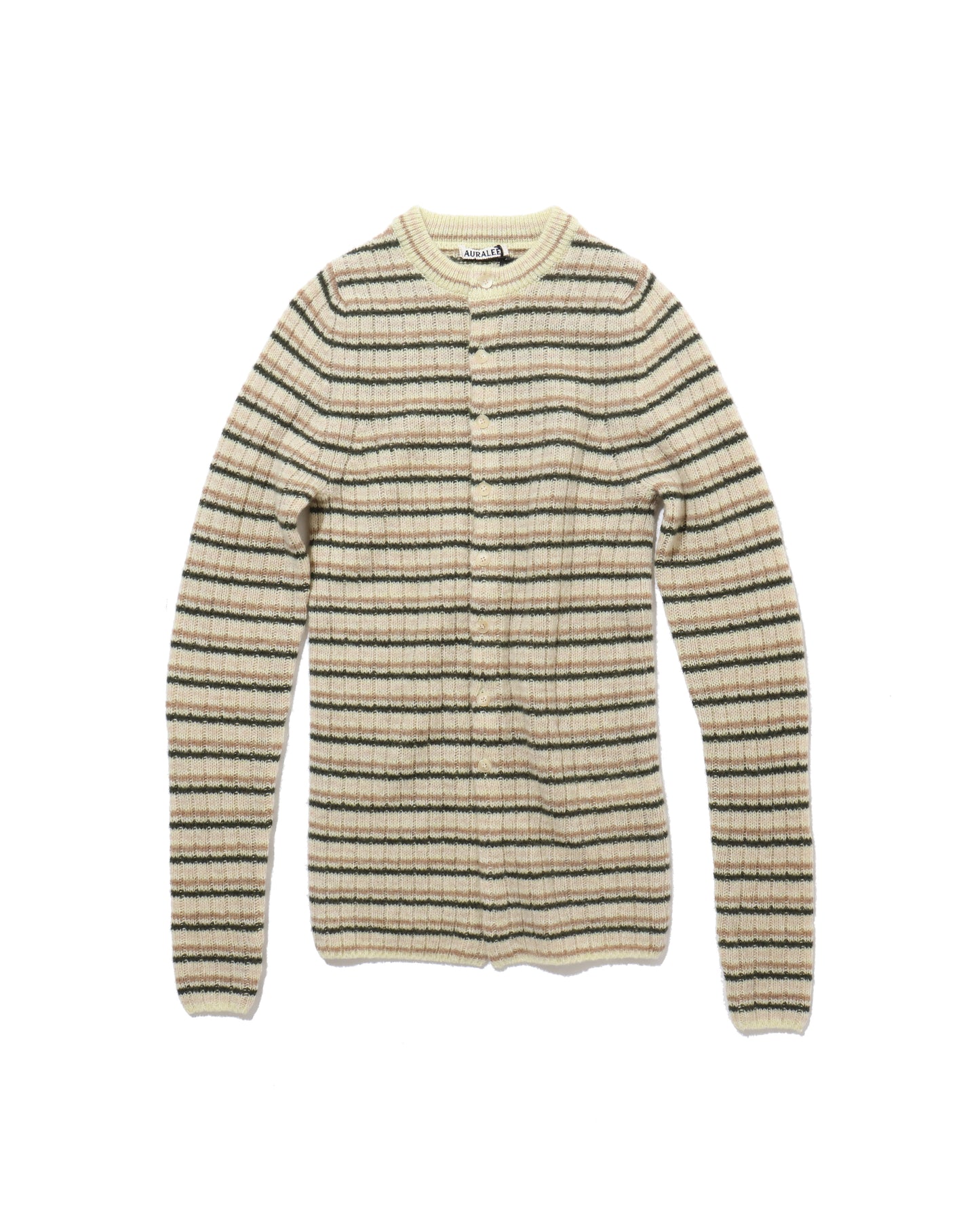 SHETLAND WOOL CASHMERE RIB KNIT CREW-NECK CARDIGAN