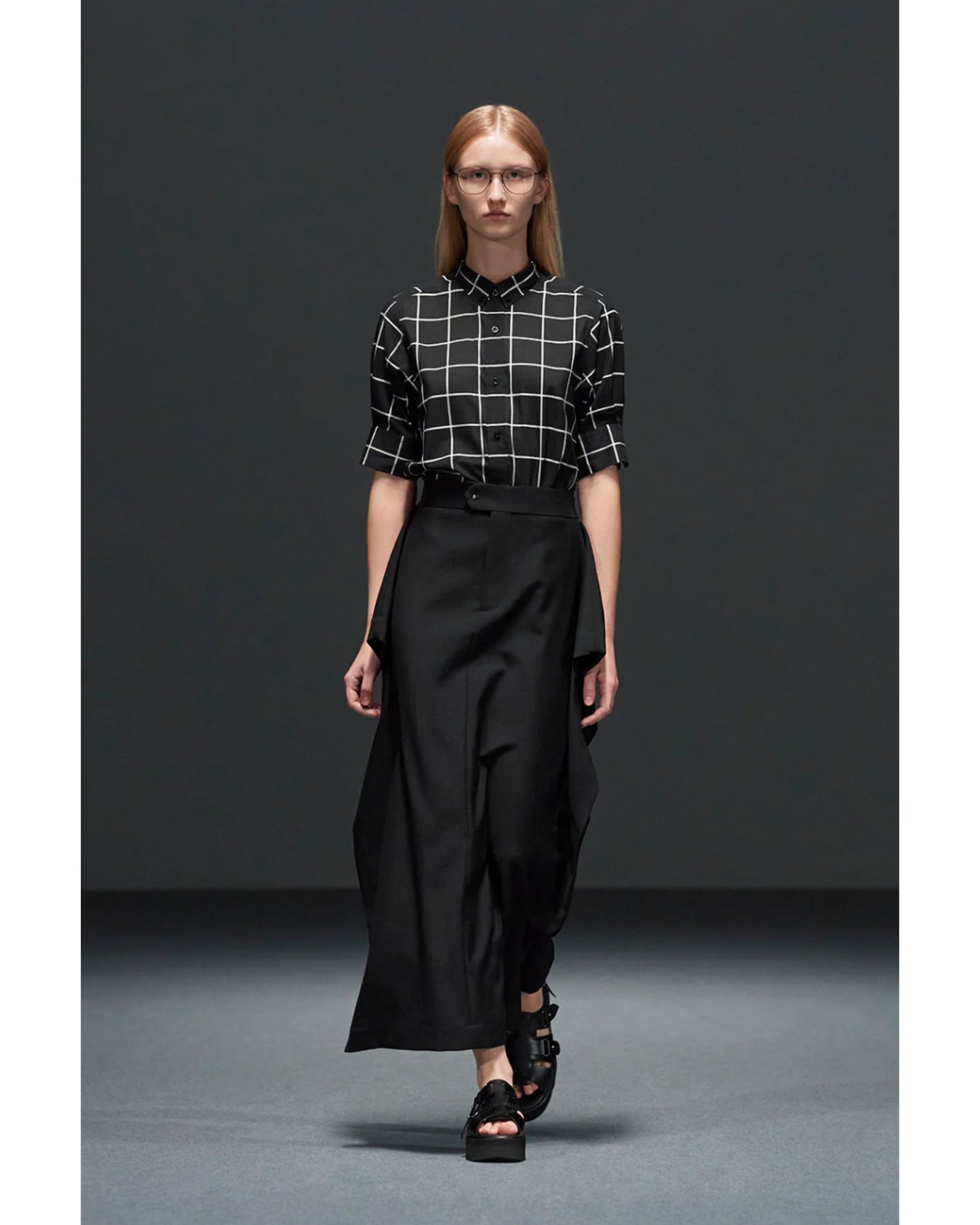 SHEER BACK WINDOWPANE SHORT-SLV BLOUSE 15266