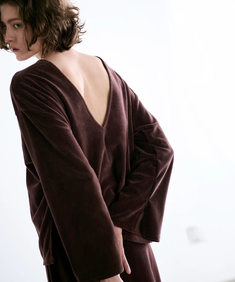 cotton velour deep v-neck top