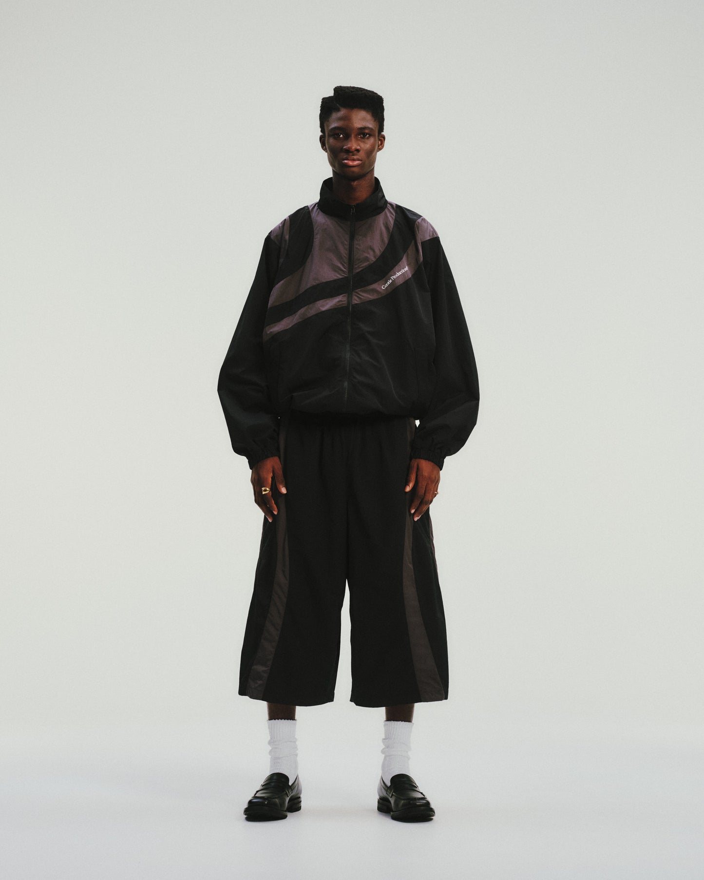 Nylon Paneling Shin Cut Wide Track Pants