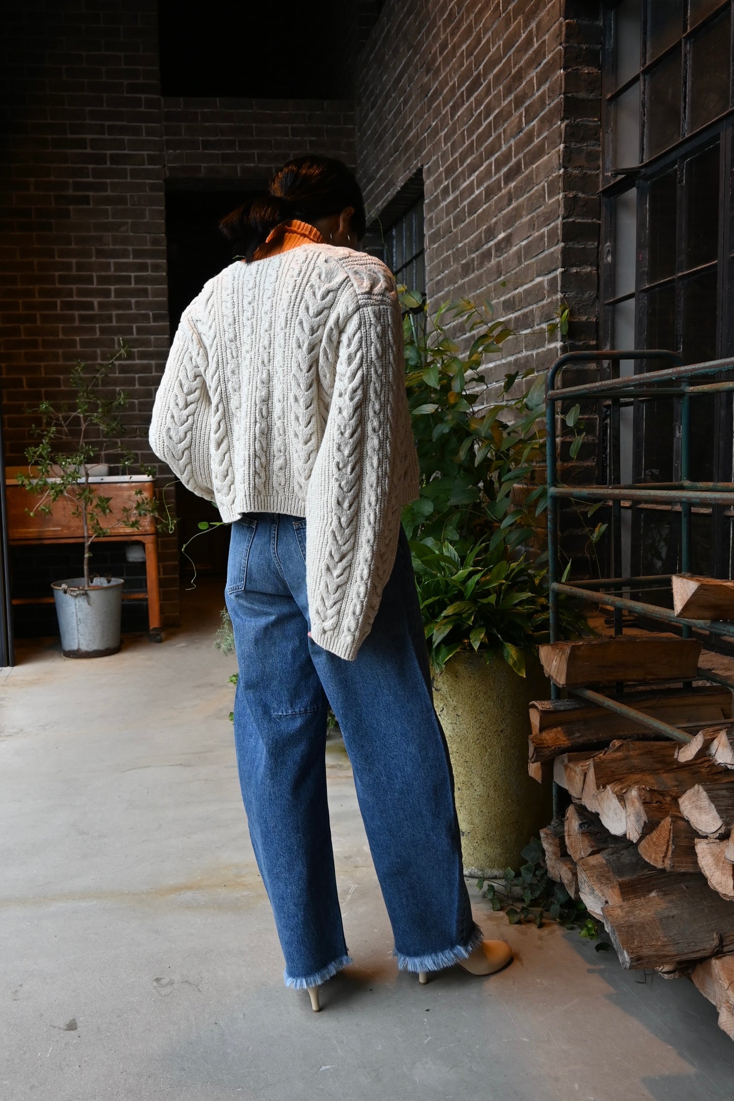 cotton & lambs wool cable-knit cropped cardigan