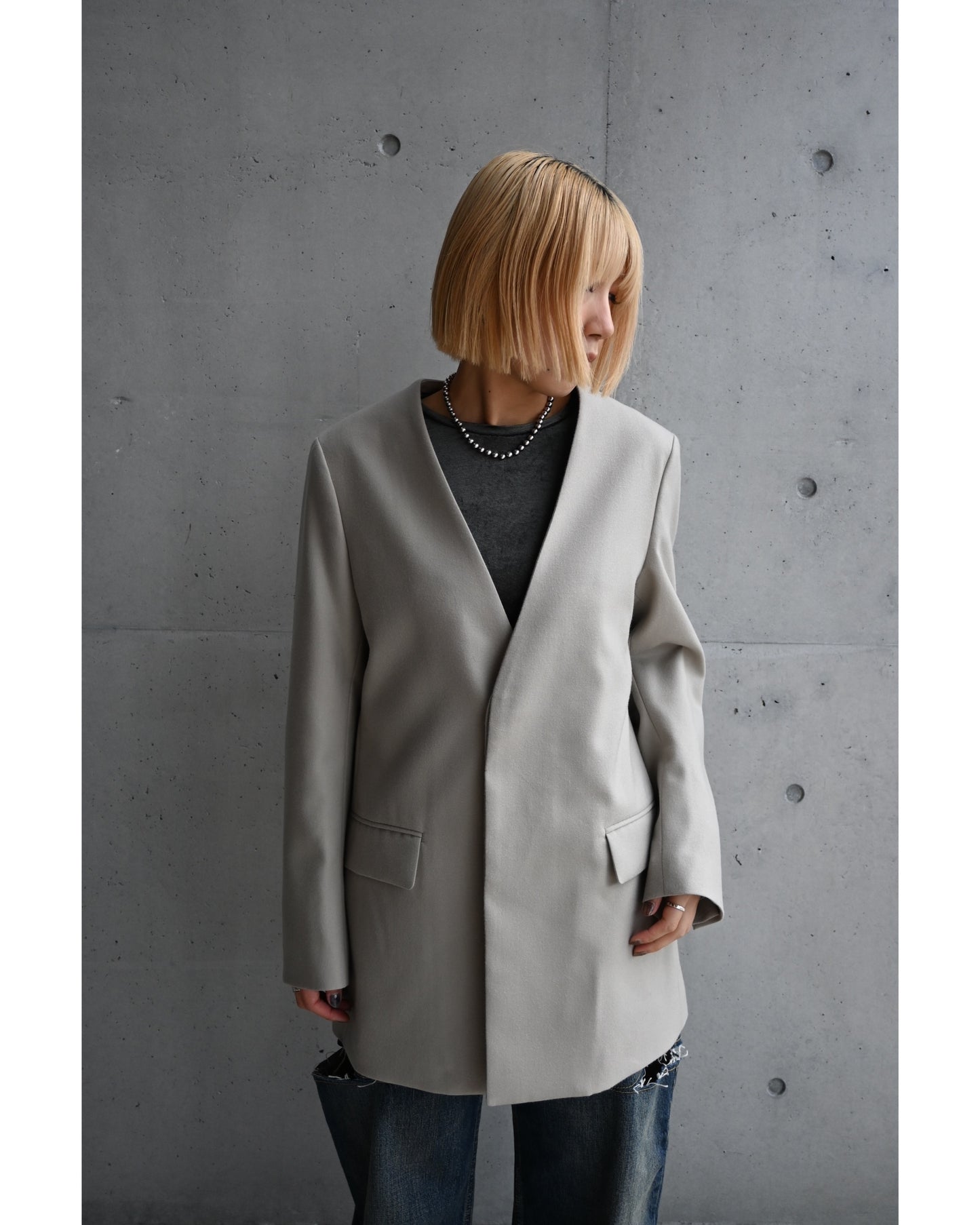 Scale Off Flannel Collarless Long Jacket