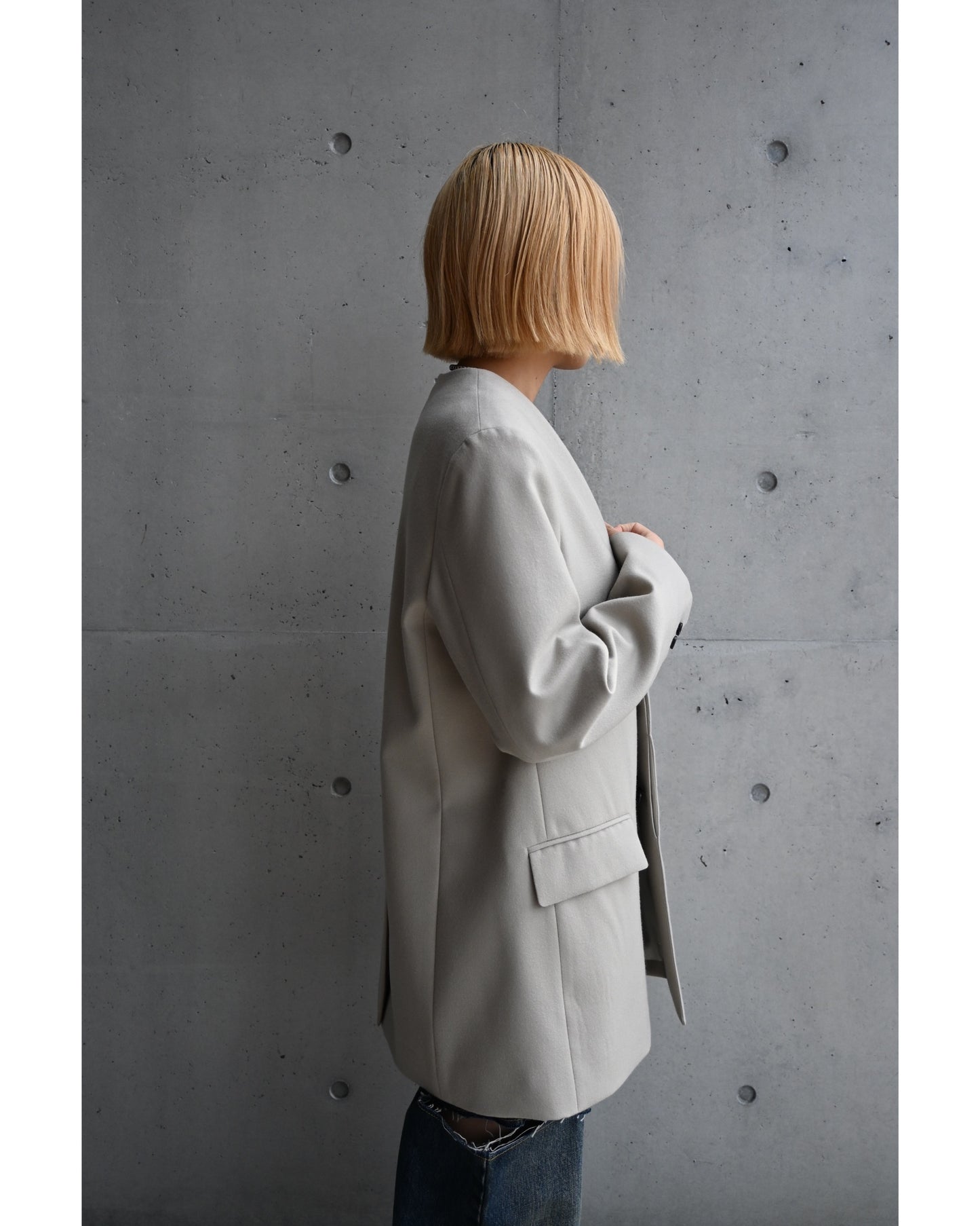 Scale Off Flannel Collarless Long Jacket
