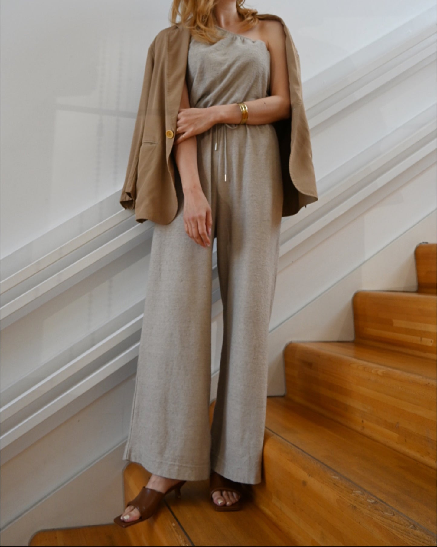 linen&cotton pile-jersey one shoulder all in one