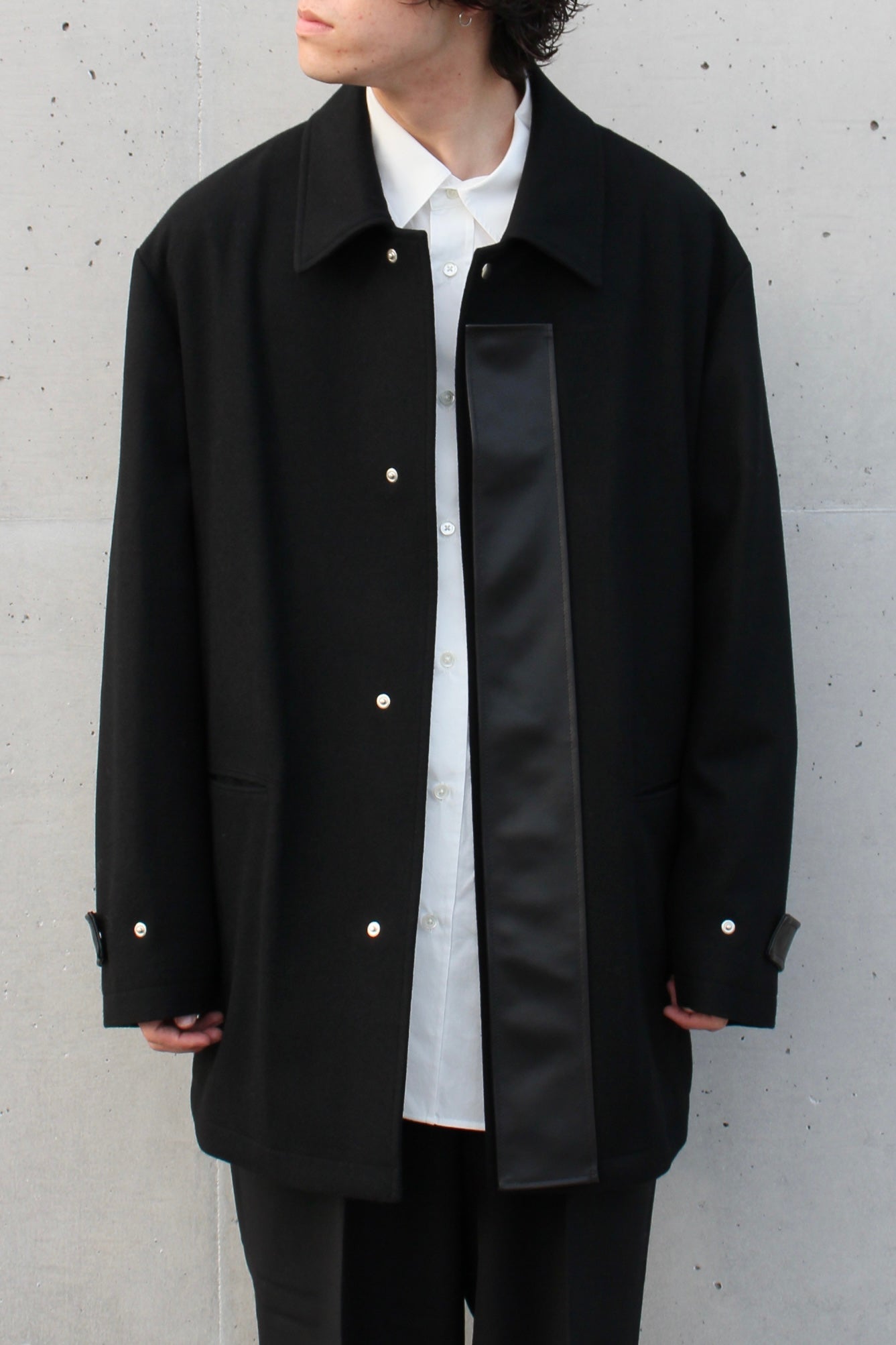 LEATHER FLY FRONT LONG JACKET BLACK
