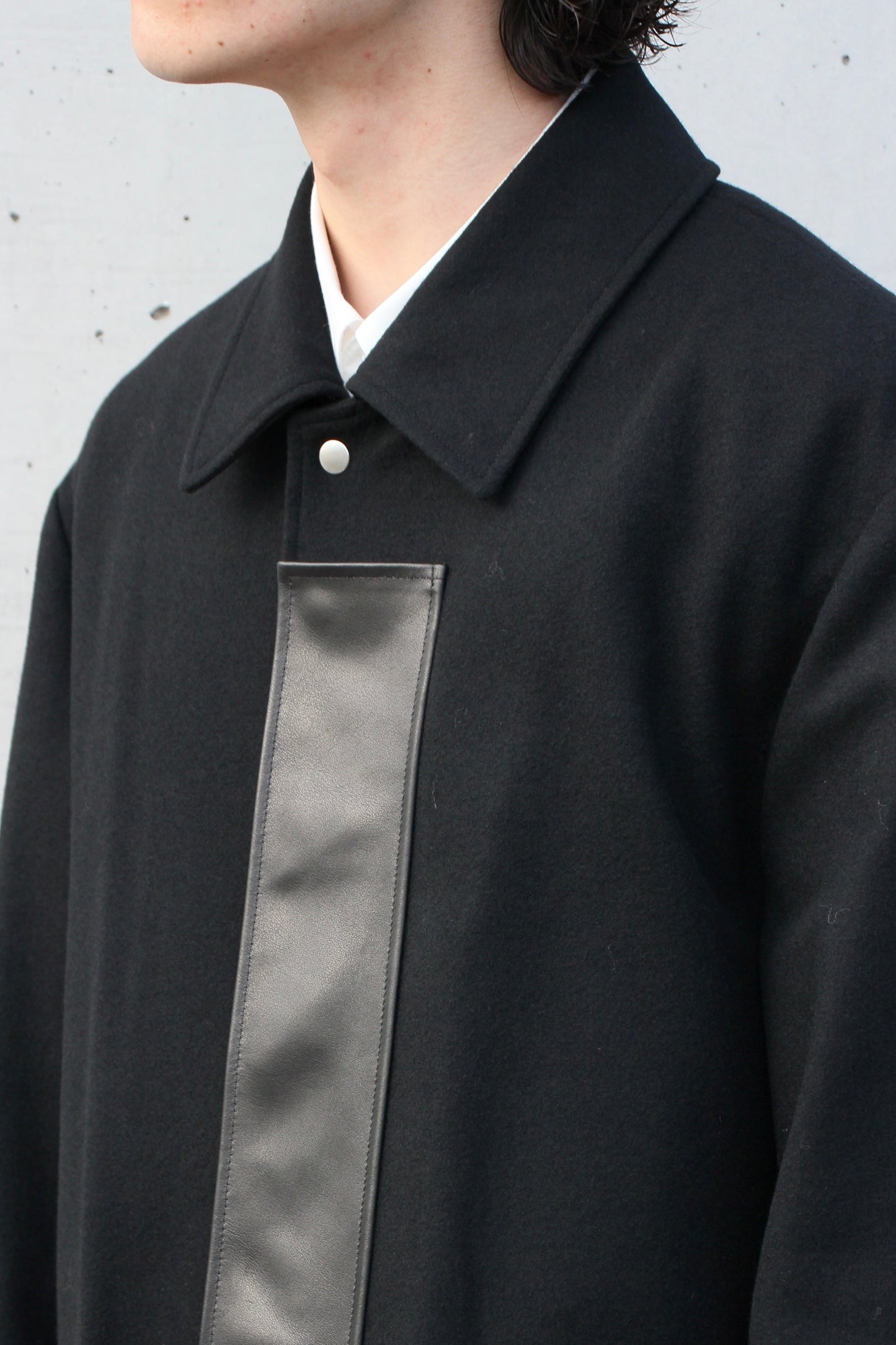 LEATHER FLY FRONT LONG JACKET BLACK