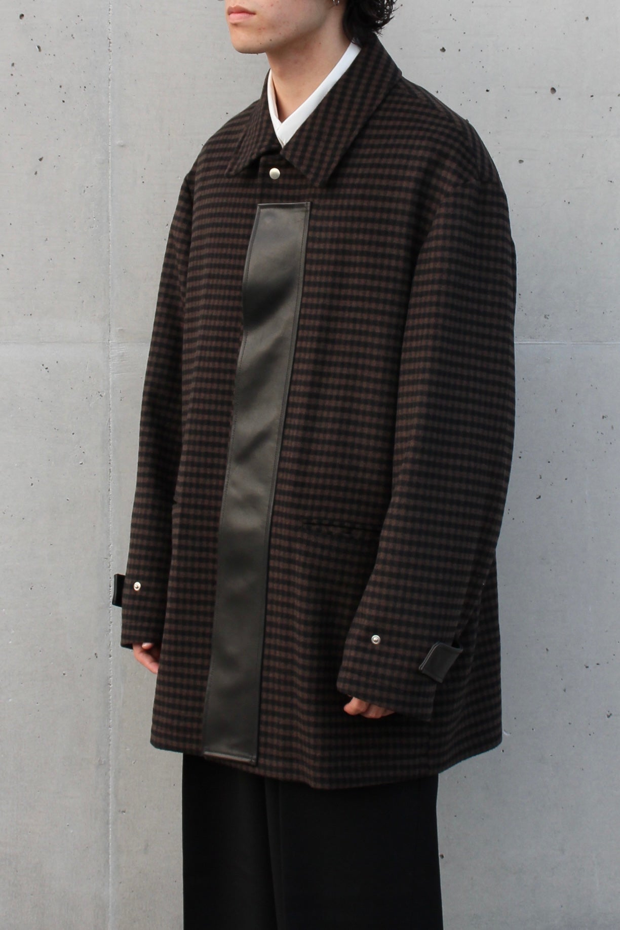 LEATHER FLY FRONT LONG JACKET GINGHAM