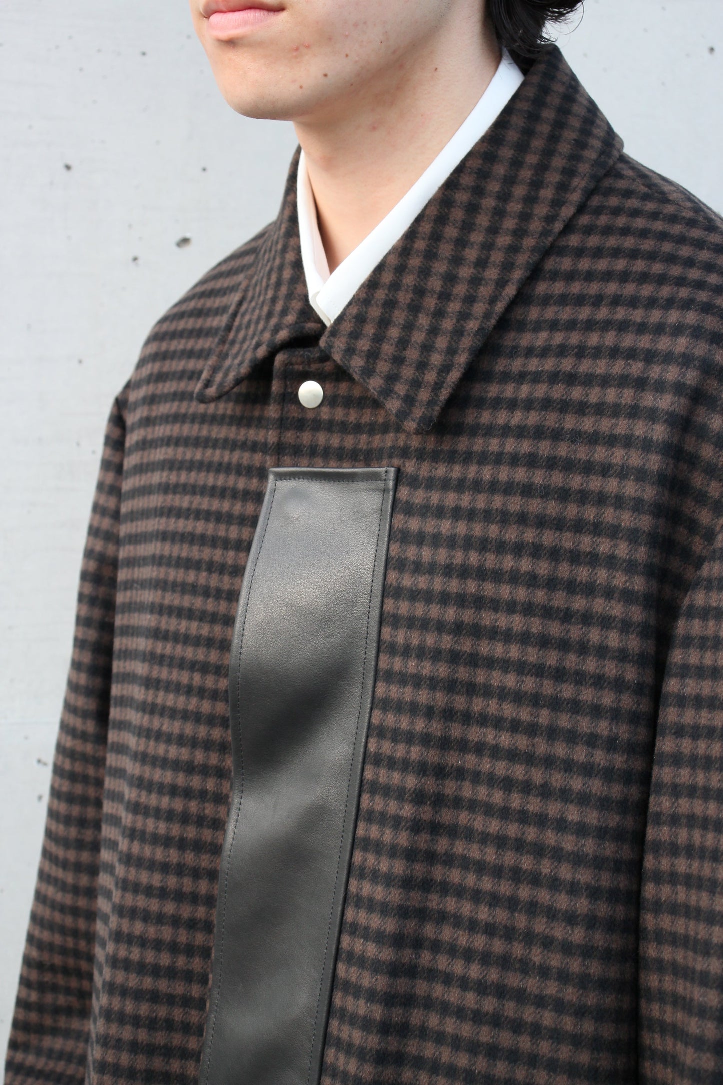 LEATHER FLY FRONT LONG JACKET GINGHAM