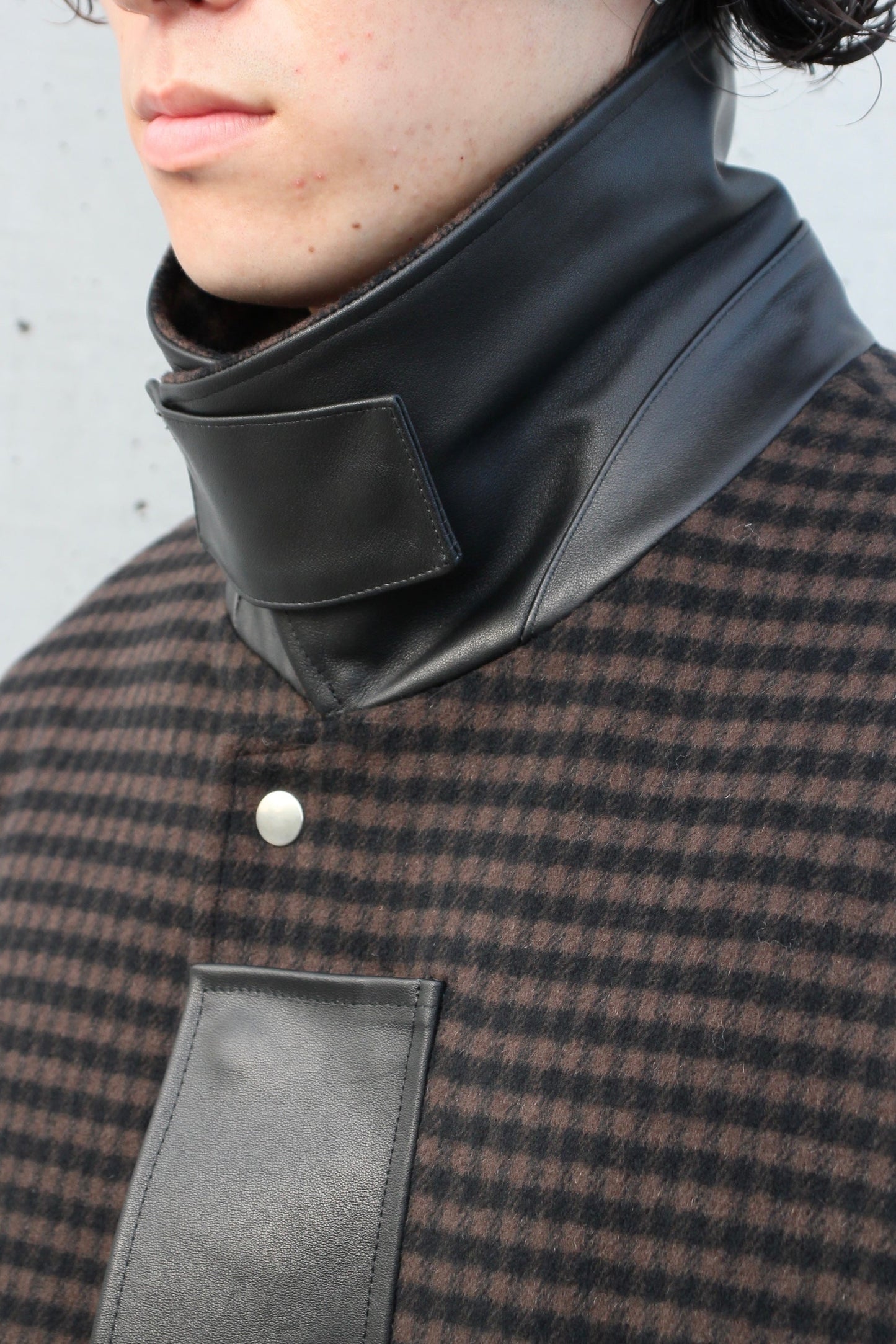 LEATHER FLY FRONT LONG JACKET GINGHAM