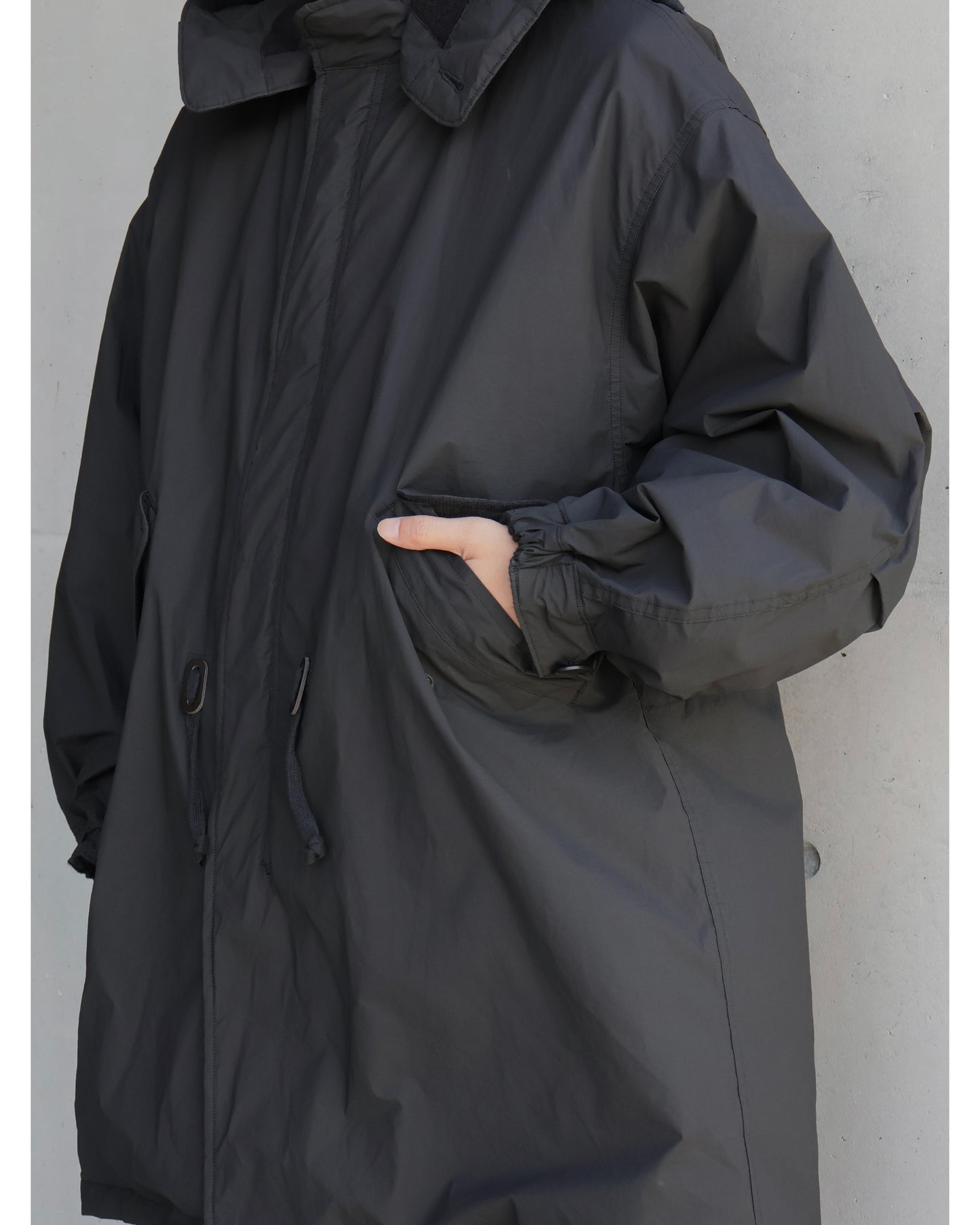 コットンナイロン ミリタリーフーデッドコート BLACK