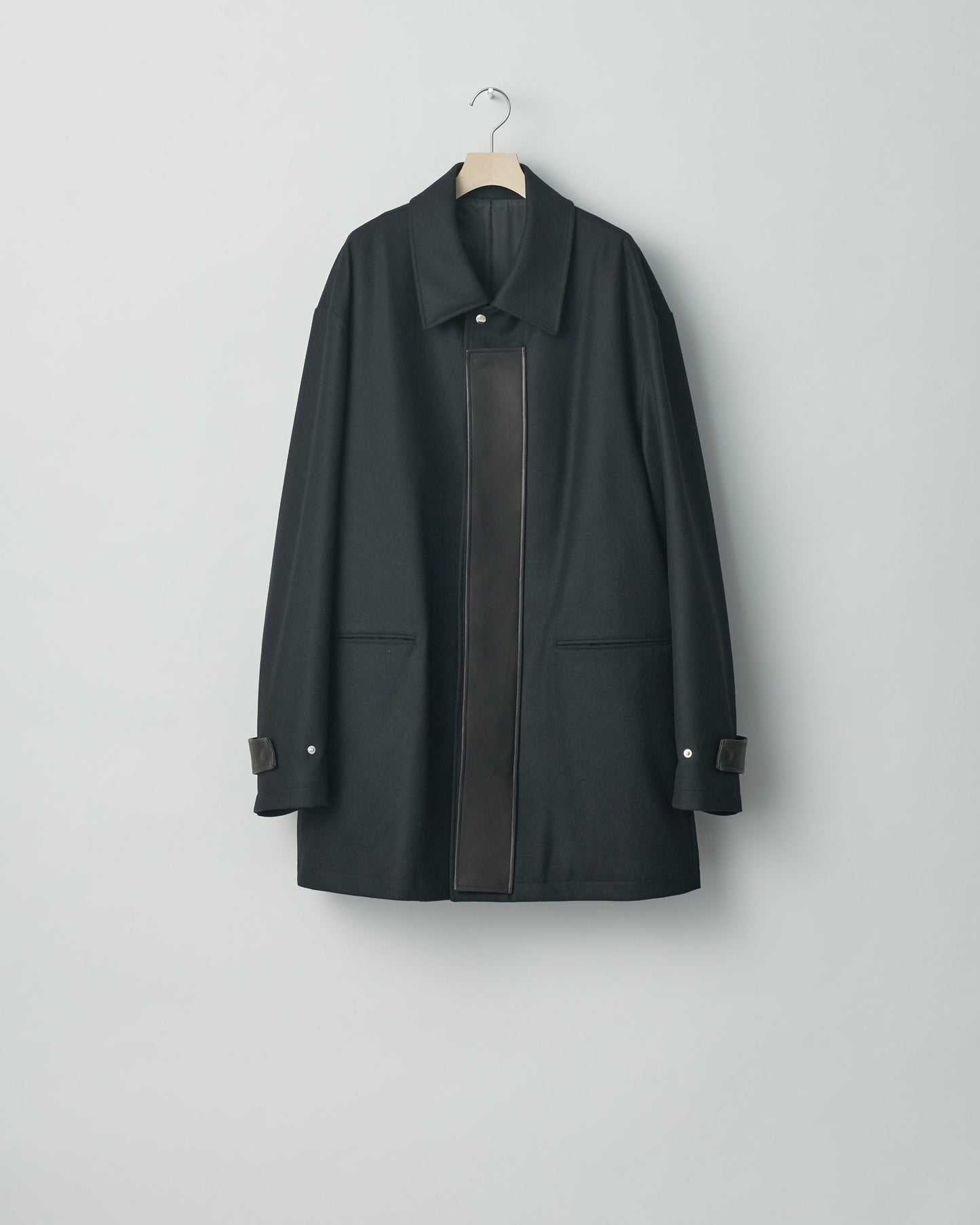 LEATHER FLY FRONT LONG JACKET BLACK
