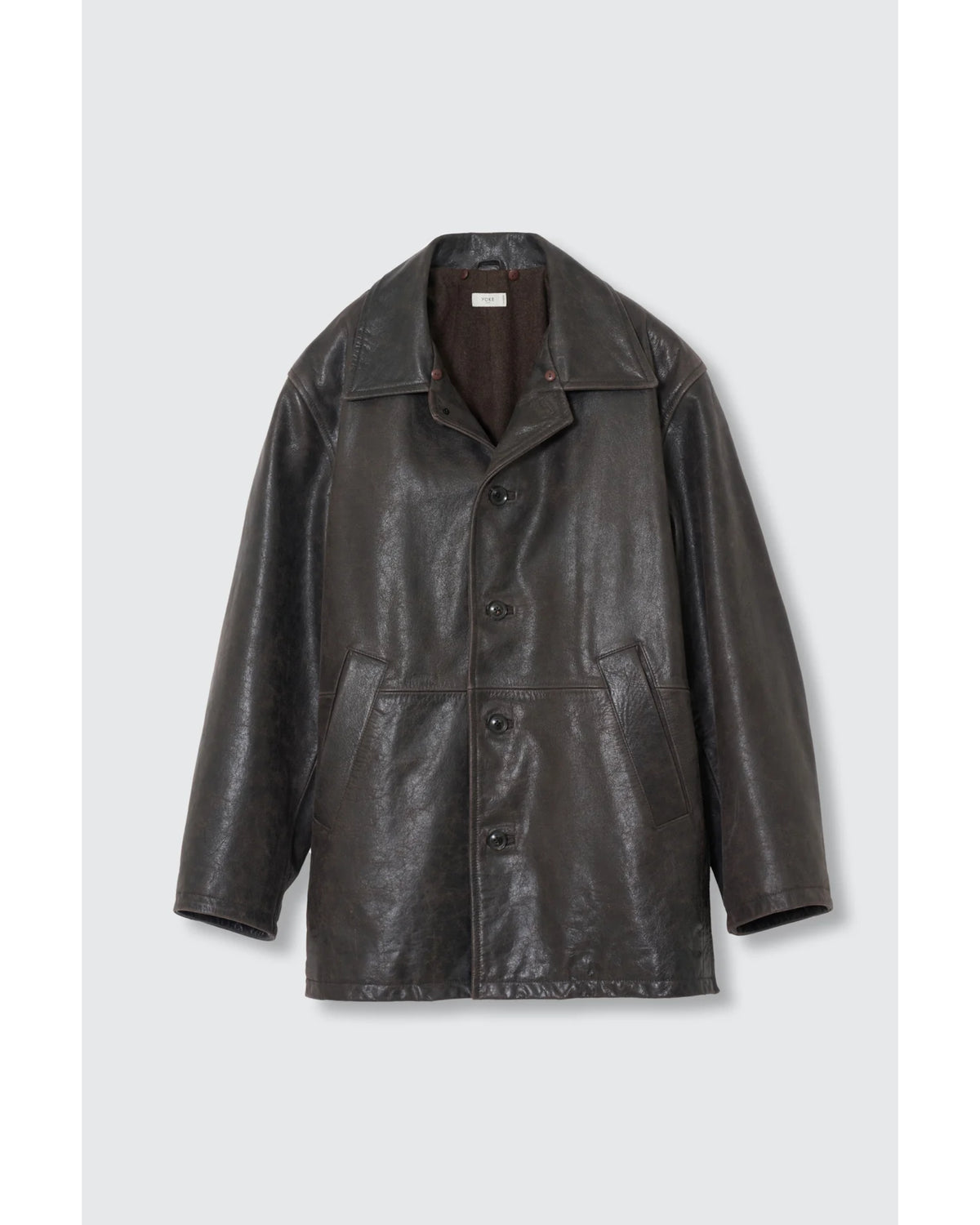 Shearling Collar Leather Car Coat Dark Brown