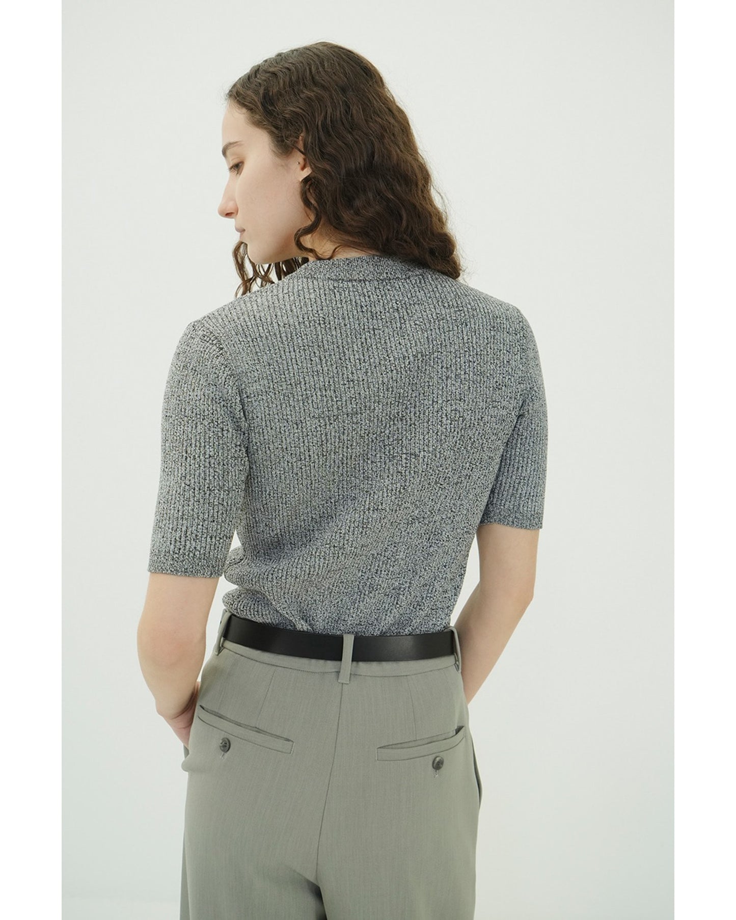 H/N HALF SLEEVE RIB KNIT TOPS