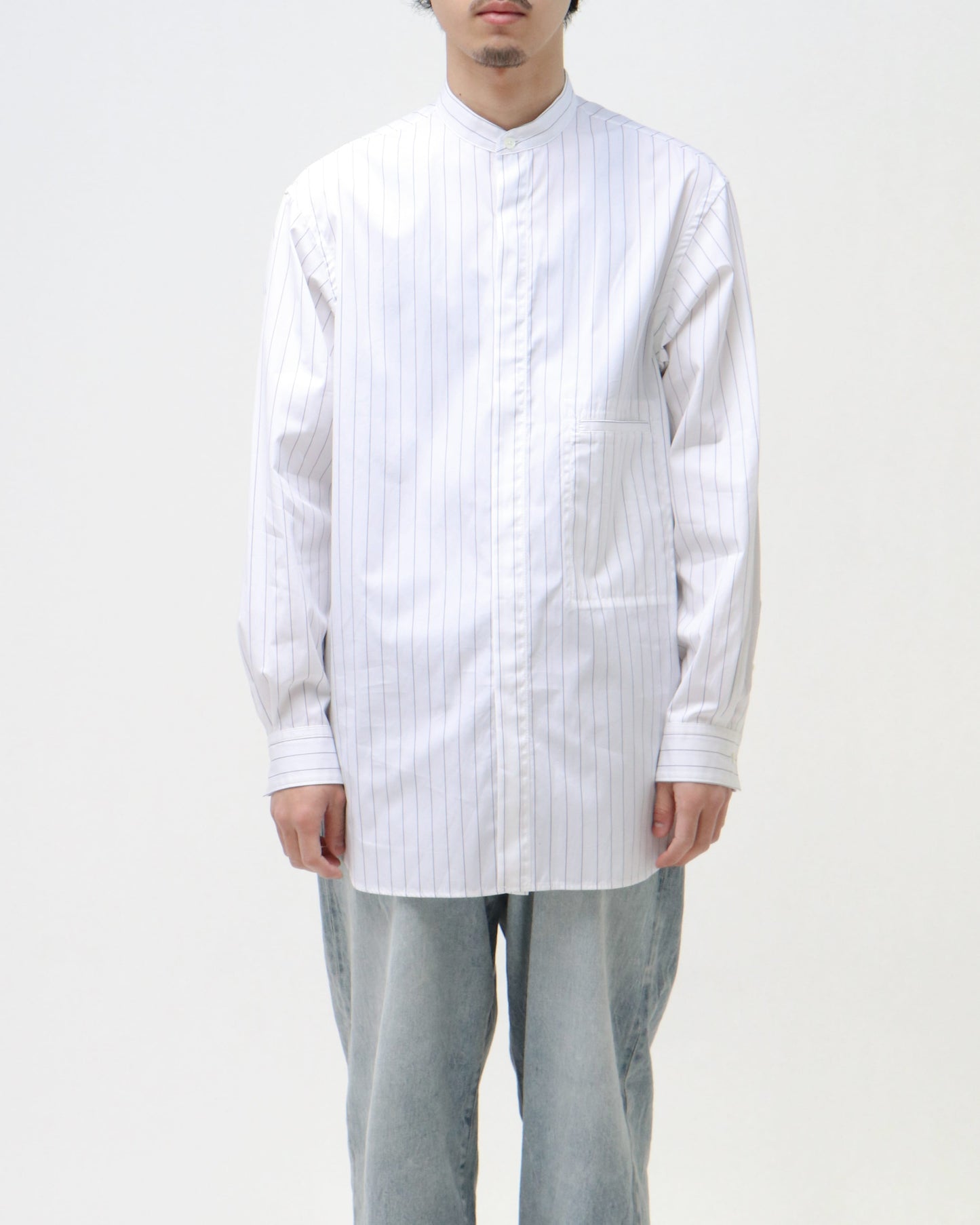 STRIPED BAND COLLAR SHIRTS WHITE(WIDE)