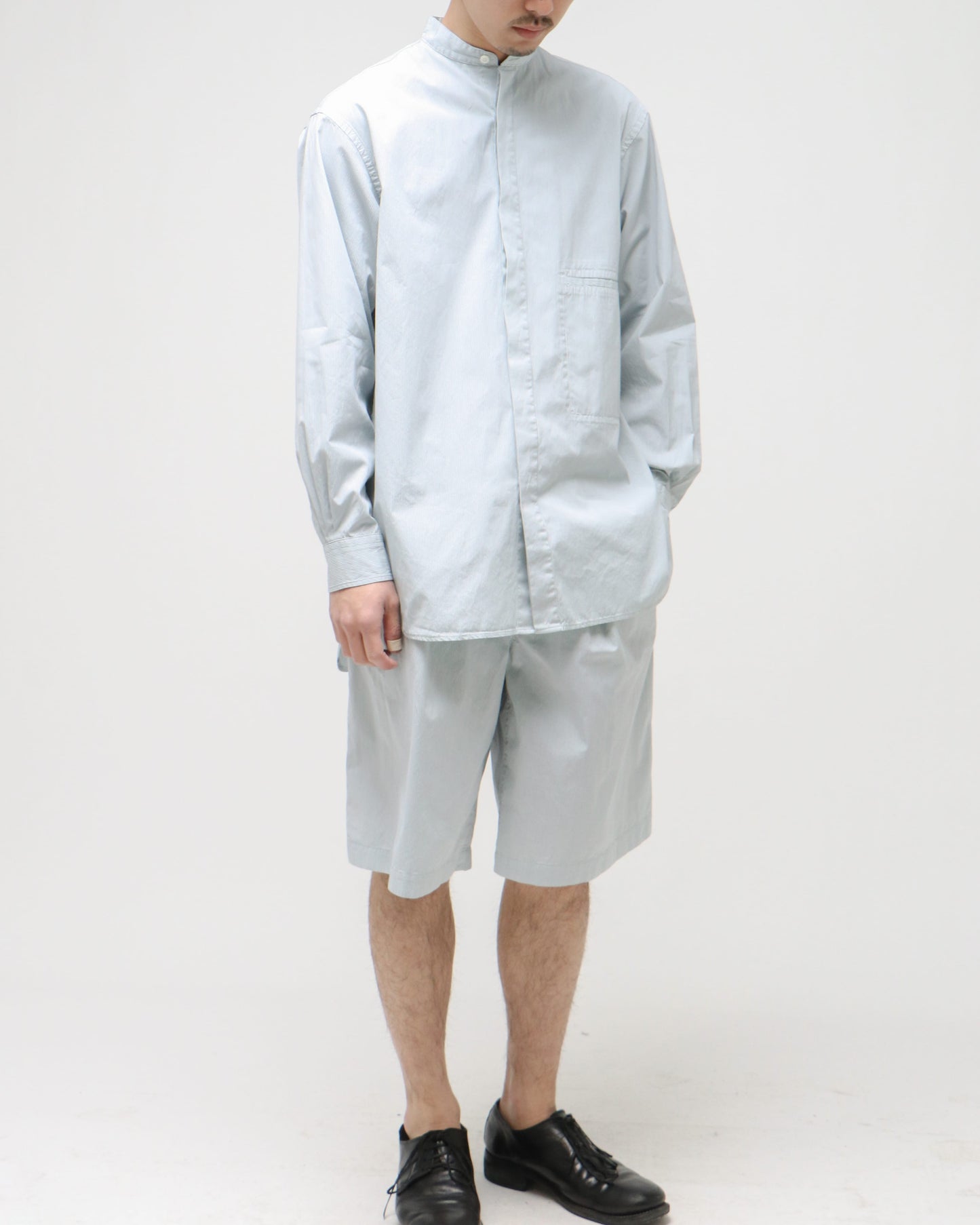 GARMENT DYE STRIPE BELTED WIDE SHORTS MIST GREEN