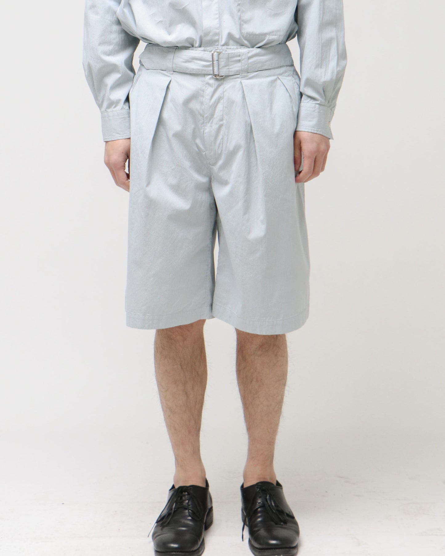 GARMENT DYE STRIPE BELTED WIDE SHORTS MIST GREEN