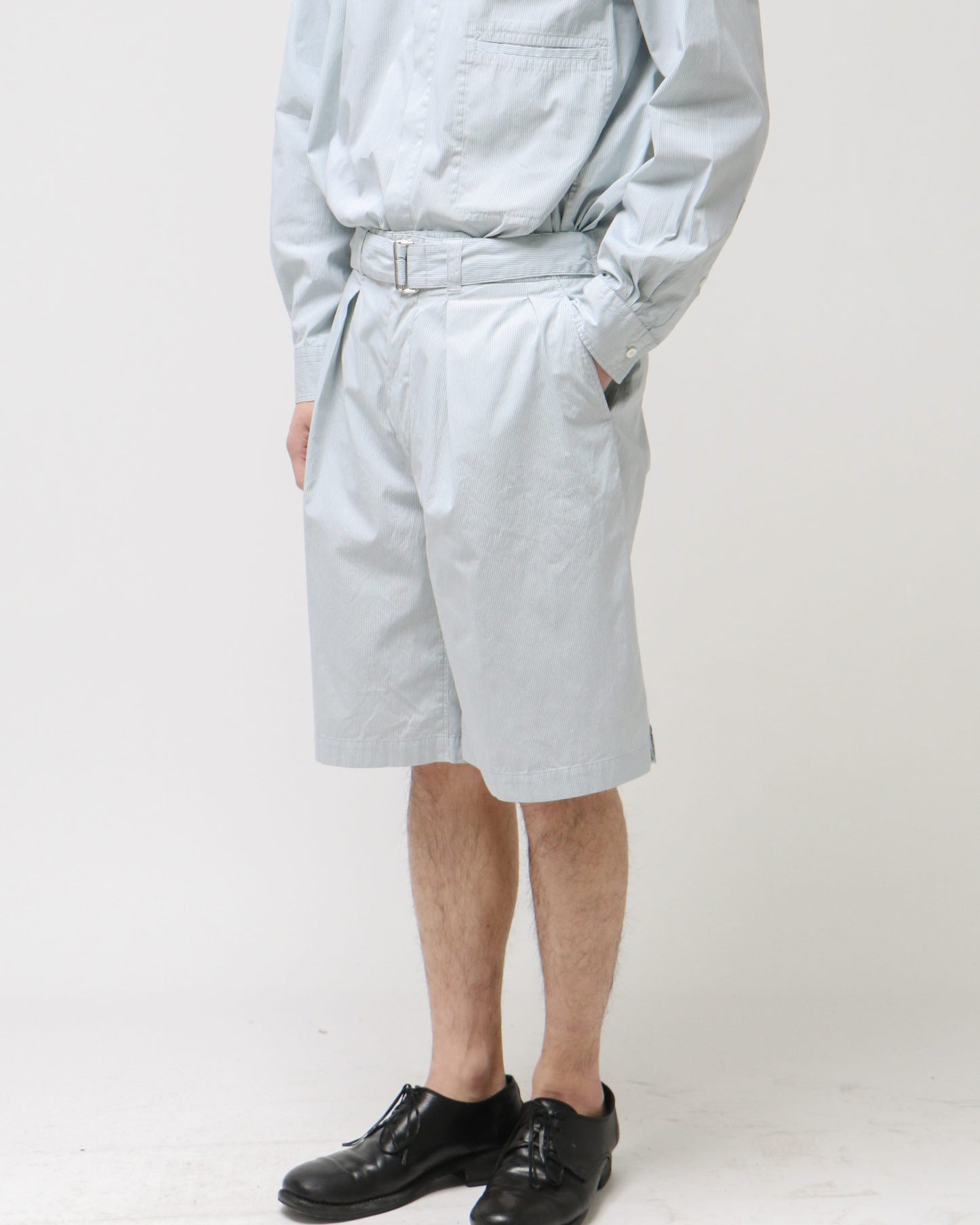 GARMENT DYE STRIPE BELTED WIDE SHORTS MIST GREEN