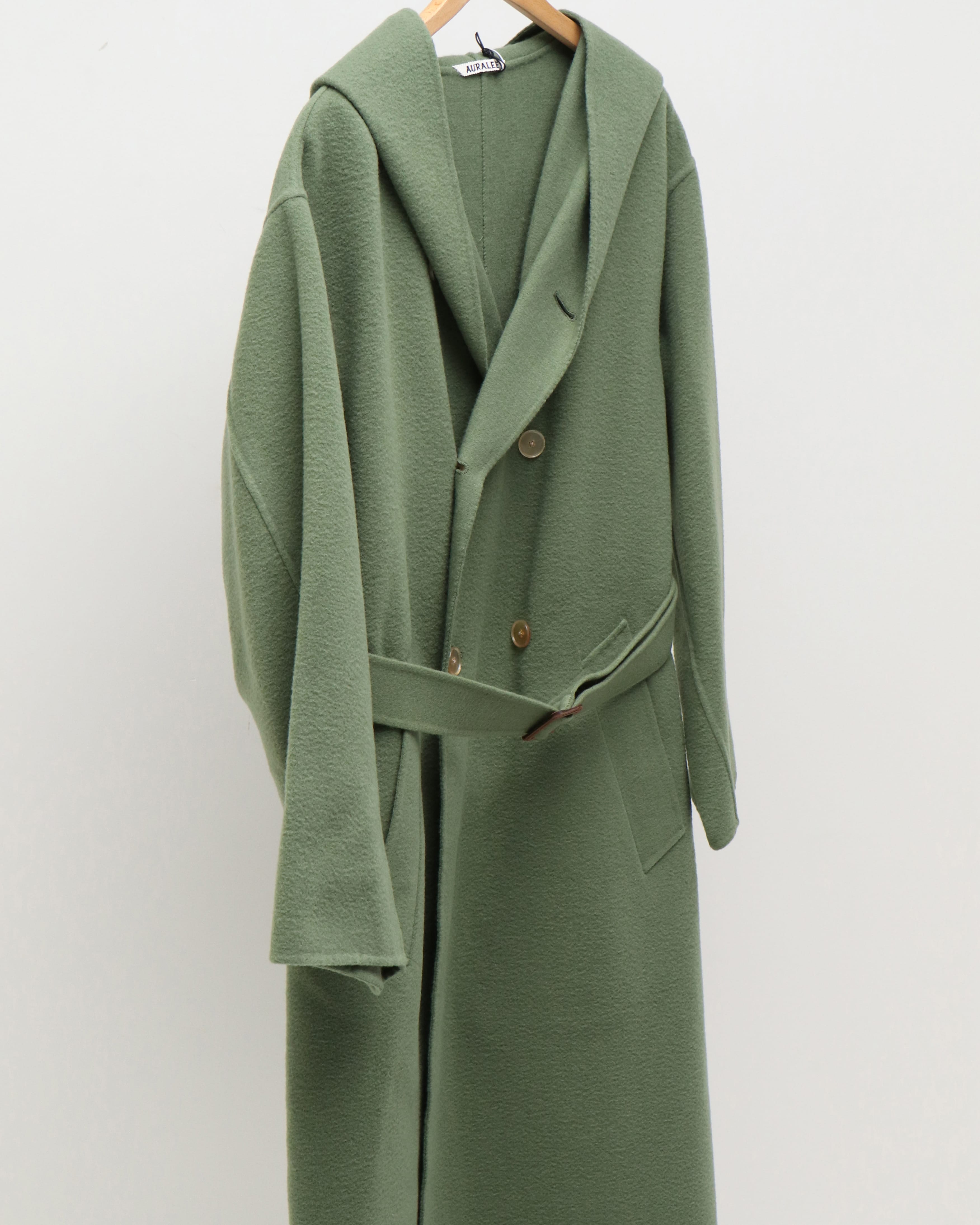 VELOUR BRUSHED WOOL MELTON HAND SEWN HOODED DOUBLE COAT