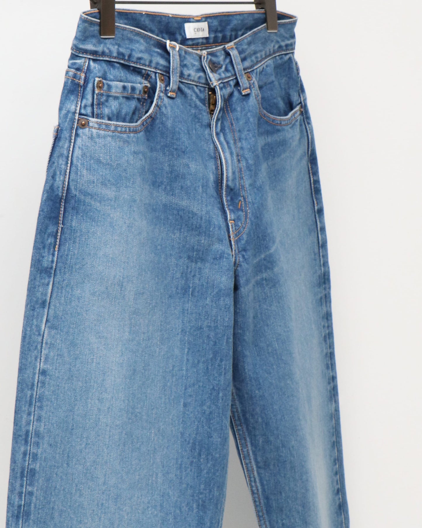 インディゴ スビンコットン 13.5oz ワイドテーパードデニム MEDIUM DARK BLUE DAMAGE