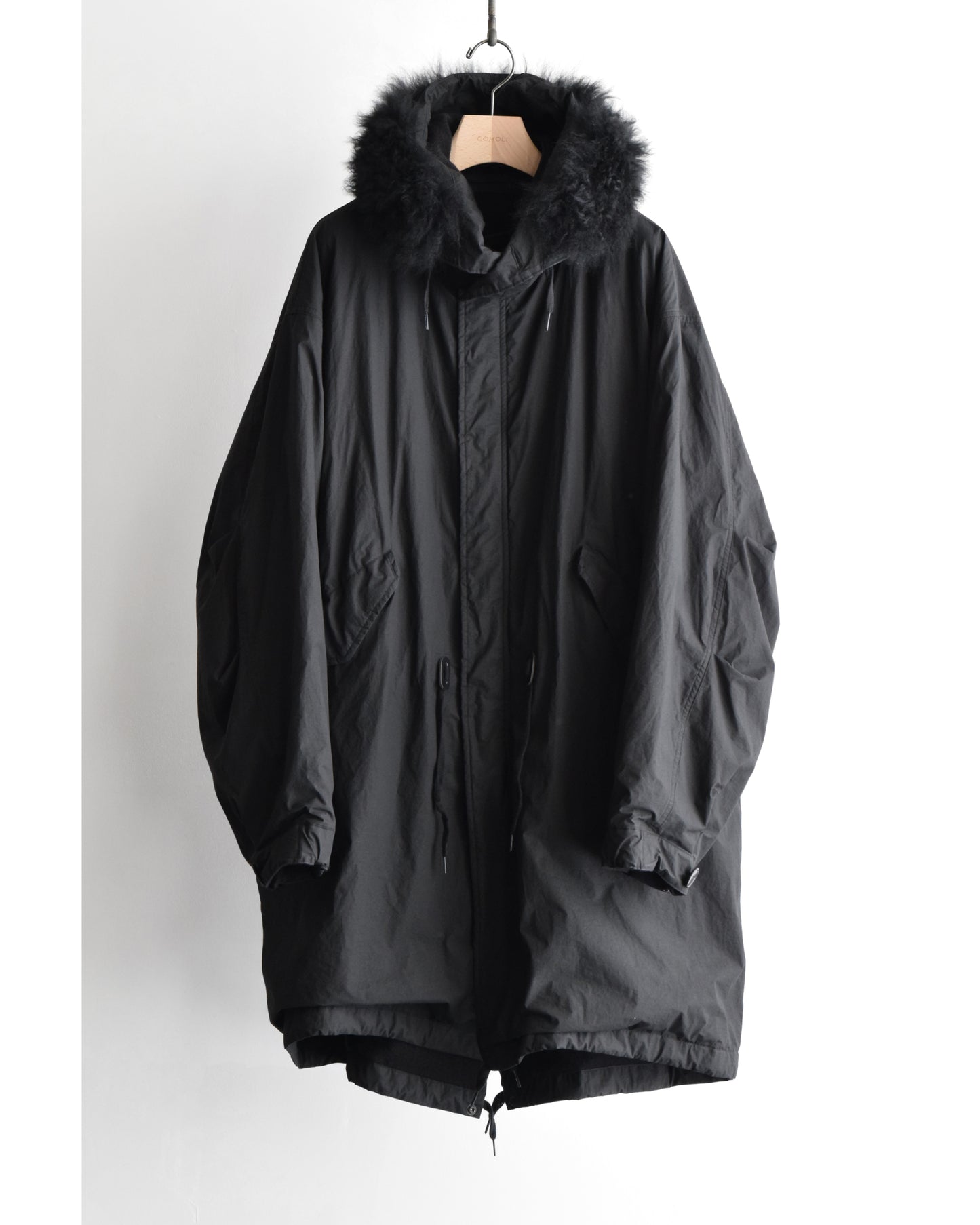 コットンナイロン ミリタリーフーデッドコート BLACK