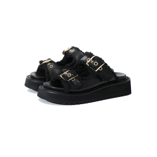 POODLE FUR BUCKLE SANDALS
