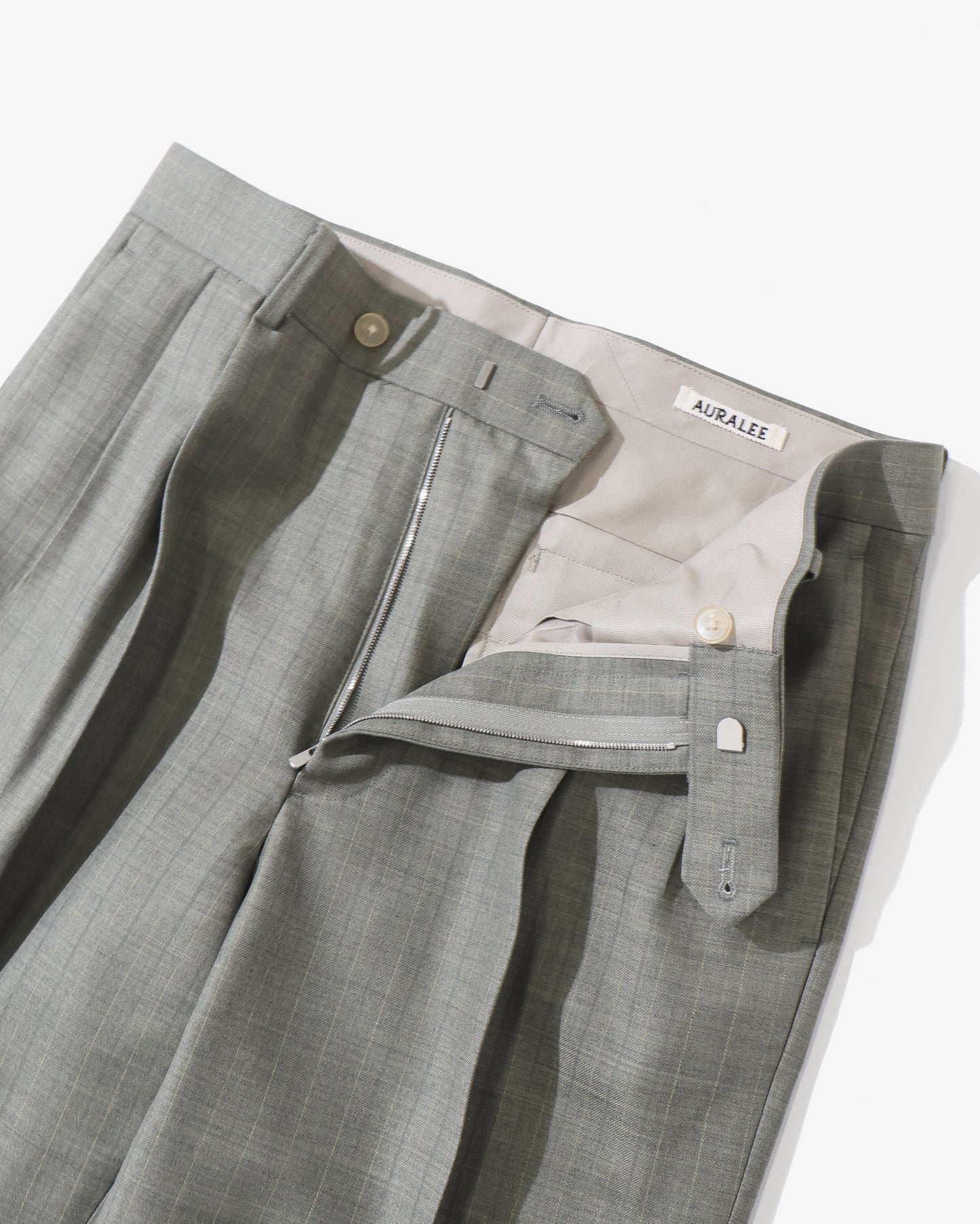 BLUEFACED WOOL TWO-TUCK SLACKS KHAKI GRAY STRIPE