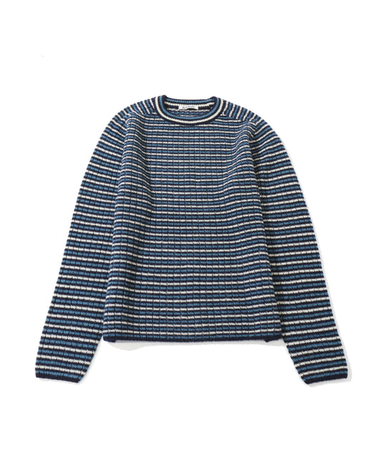 SHETLAND WOOL CASHMERE RIB KNIT P/O NAVY STRIPE