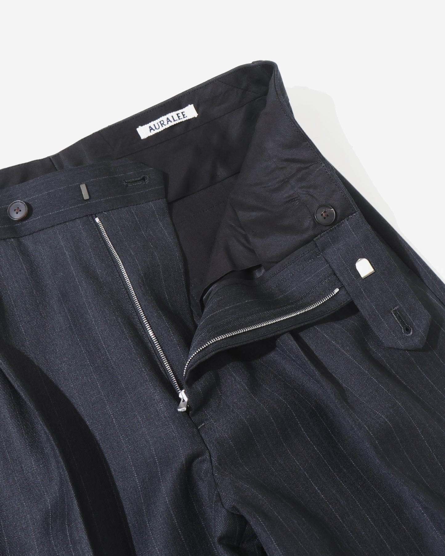 BLUEFACED WOOL TWO-TUCK SLACKS CHARCOAL NAVY STRIPE