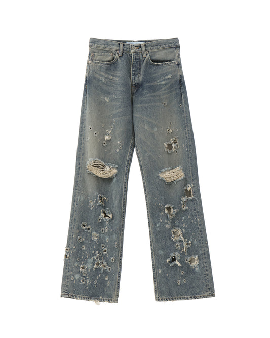 "Damage" Straight Denim Pants