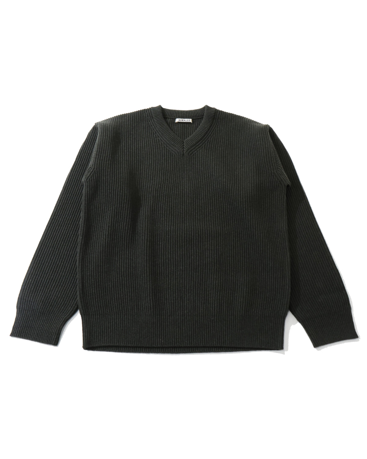 SUPER FINE WOOL RIB KNIT V-NECK P/O TOP DARK OLIVE