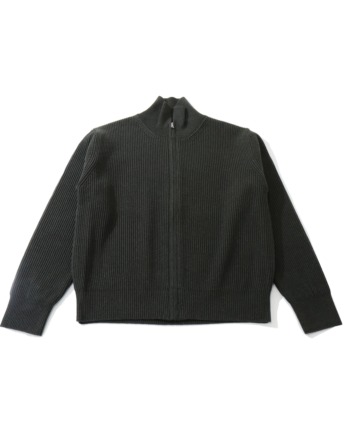 SUPER FINE WOOL RIB KNIT ZIP CARDIGAN TOP DARK OLIVE