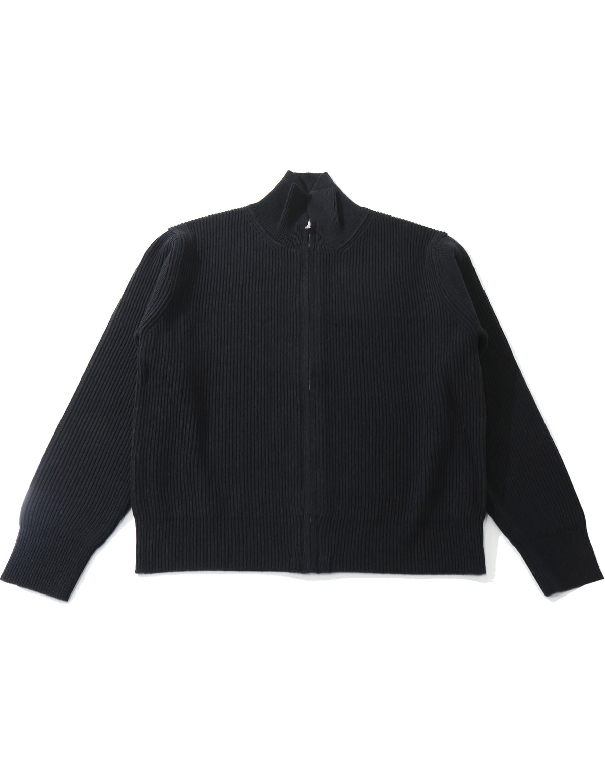 SUPER FINE WOOL RIB KNIT ZIP CARDIGAN TOP BLACK