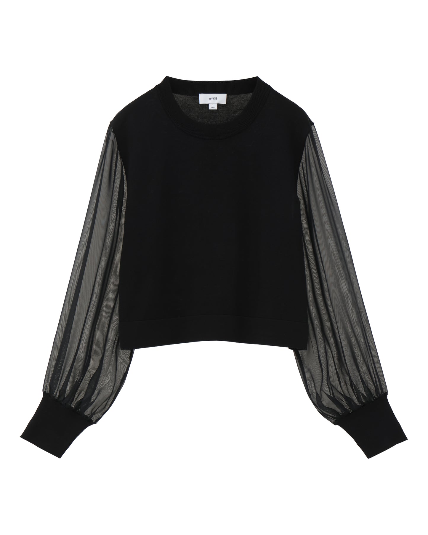 CREW NECK CROPPED SWEATER WITH SHEER SLEEVE 11387