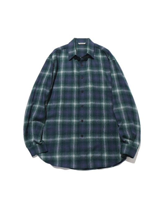 AIRY WOOL CHECK SHIRT LIGHT FOREST GREEN × NAVY