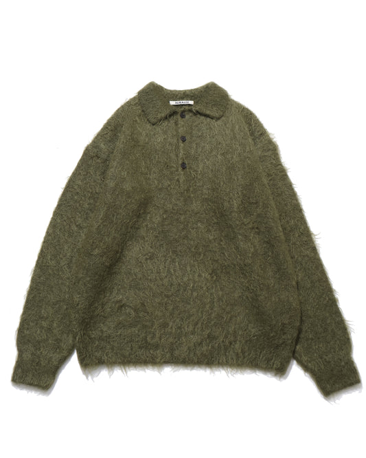 BRUSHED SUPER KID MOHAIR KNIT POLO OLIVE