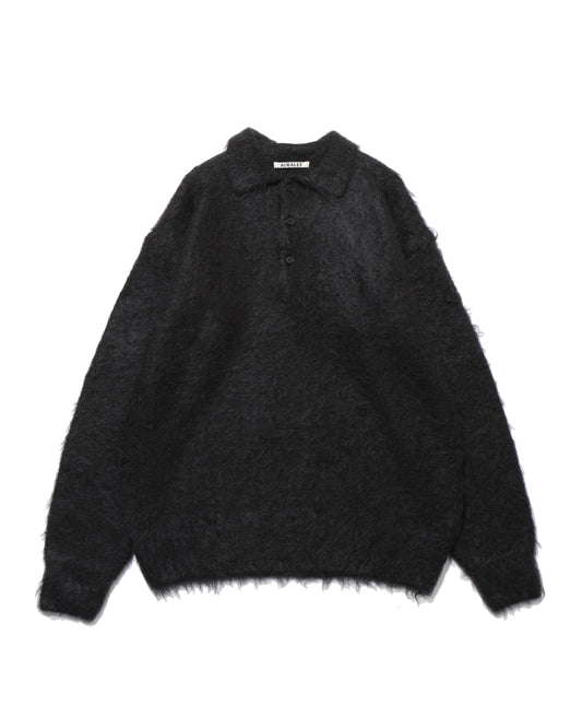 BRUSHED SUPER KID MOHAIR KNIT POLO INK BLACK