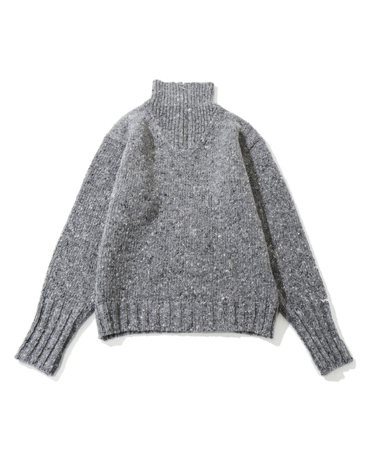 LOW-GAUGE HOMESPUN TWEED KNIT ZIP TURTLE TOP CHARCOAL