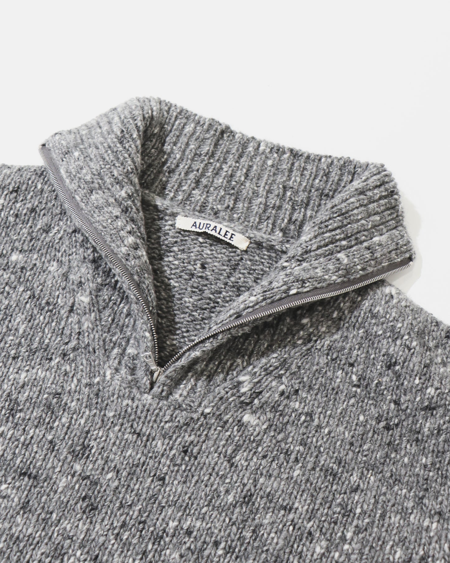 LOW-GAUGE HOMESPUN TWEED KNIT ZIP TURTLE TOP CHARCOAL