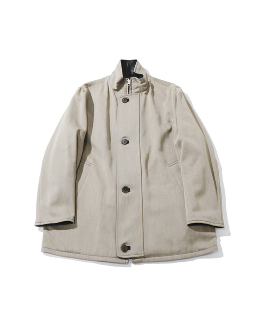 REVERSIBLE WOOL TWISTED TWILL / LAMB LEATHER HALF COAT KHAKI BEIGE CHAMBRAY × BLACK