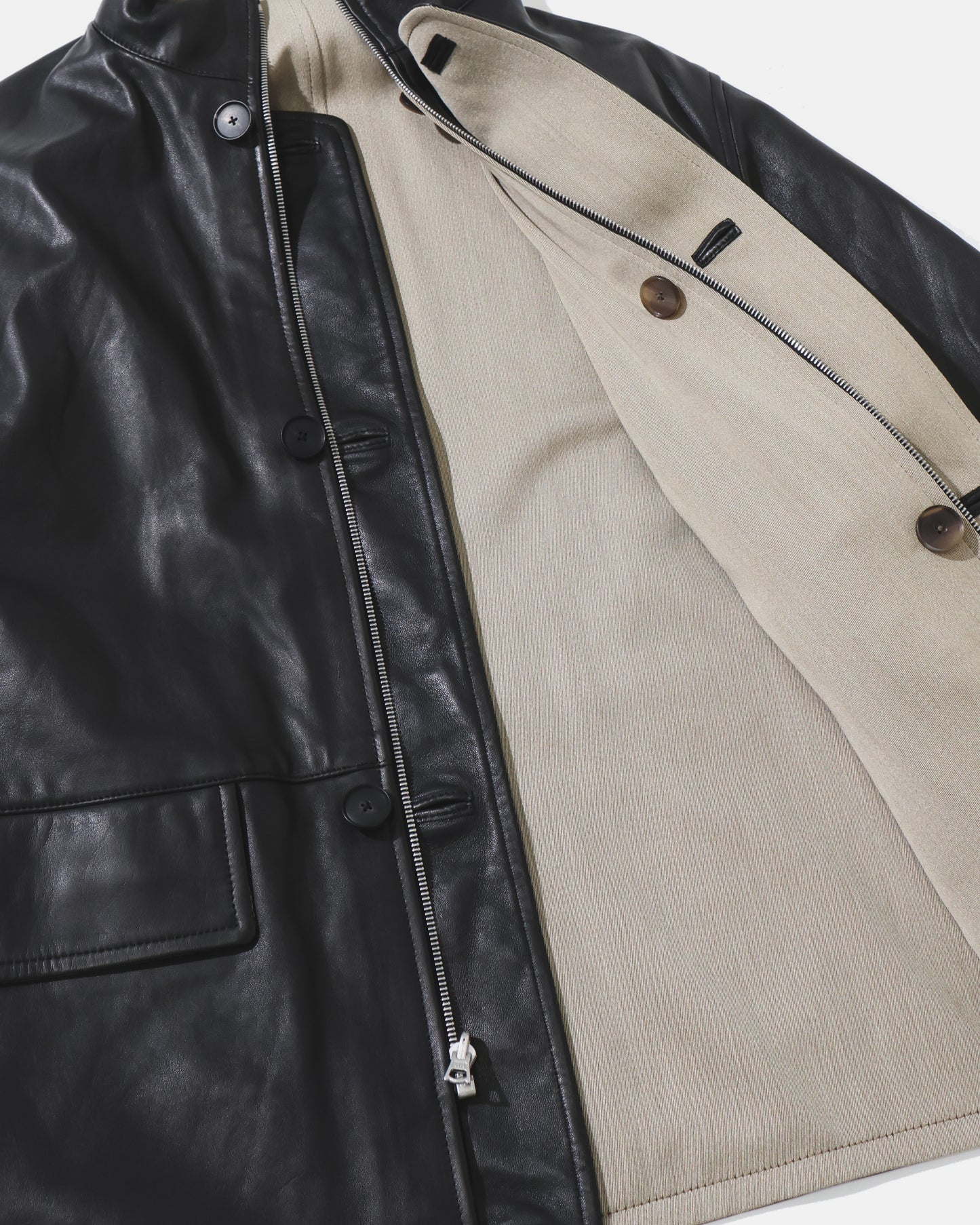 REVERSIBLE WOOL TWISTED TWILL / LAMB LEATHER HALF COAT KHAKI BEIGE CHAMBRAY × BLACK