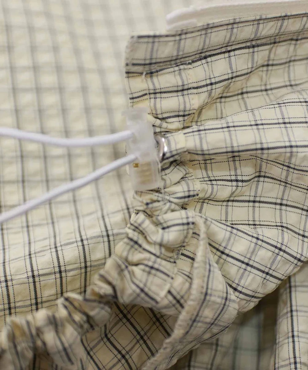 seersucker check pleats half sleeve blouson