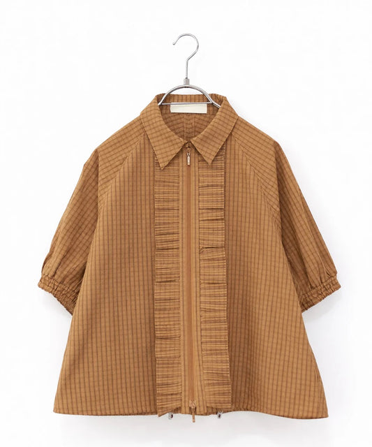 seersucker check pleats half sleeve blouson