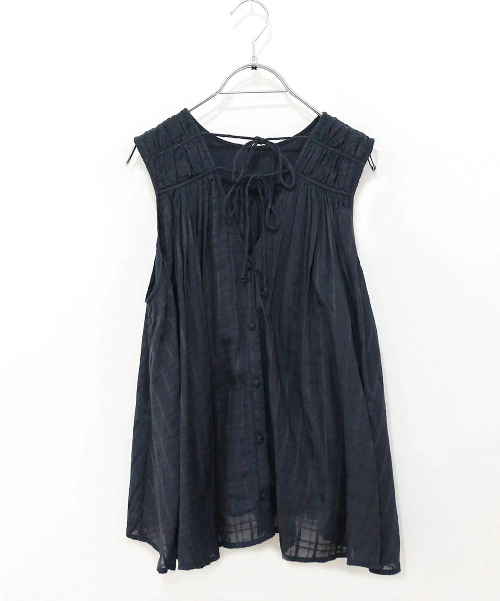 sheer check 2way gathered blouse