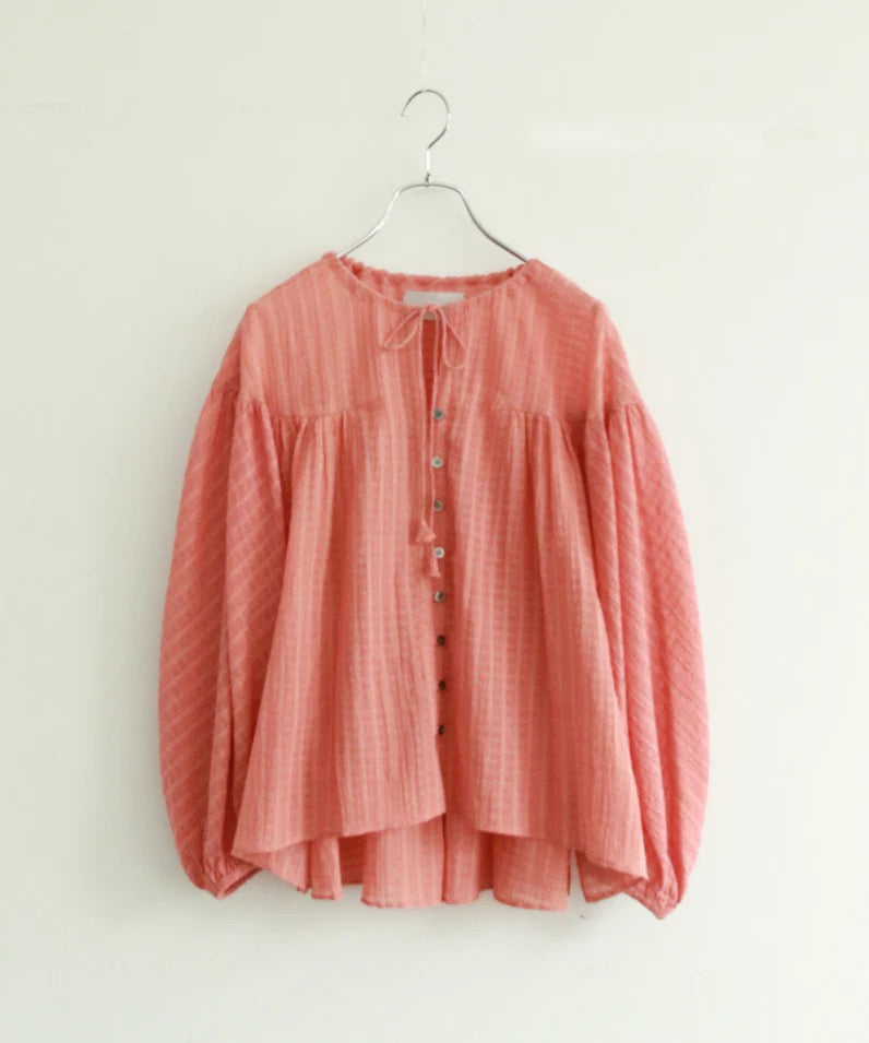 natural dye sheer cotton check gather blouse