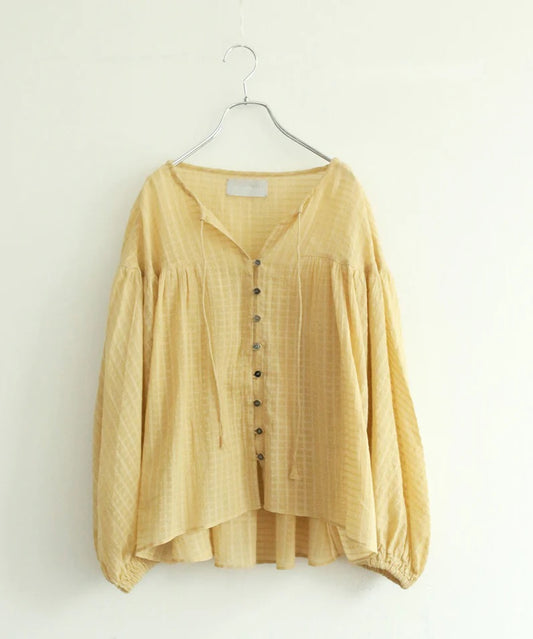 natural dye sheer cotton check gather blouse