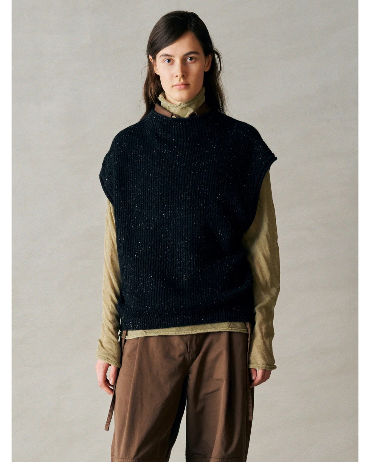 woolen cotton & silk nep wool tweed-knit vest