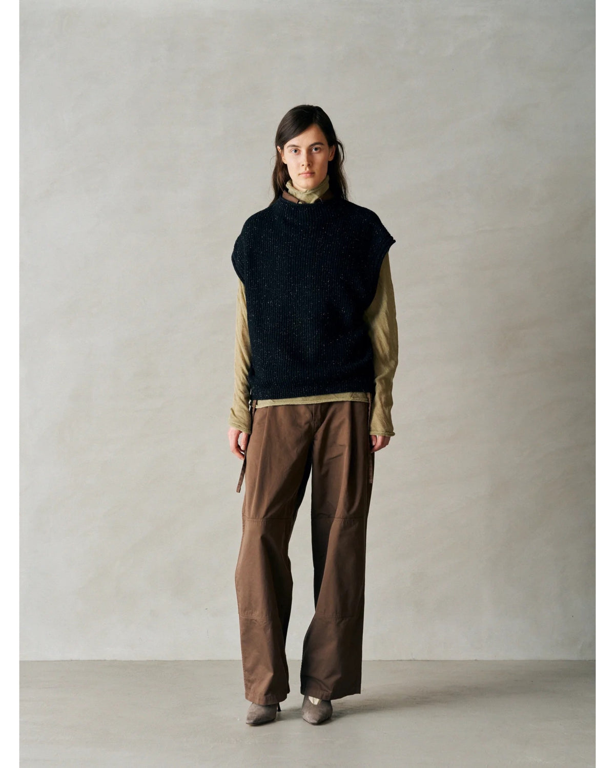 woolen cotton & silk nep wool tweed-knit vest