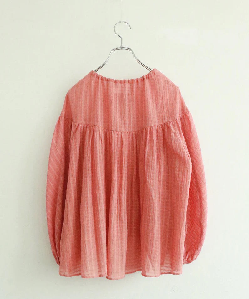 natural dye sheer cotton check gather blouse
