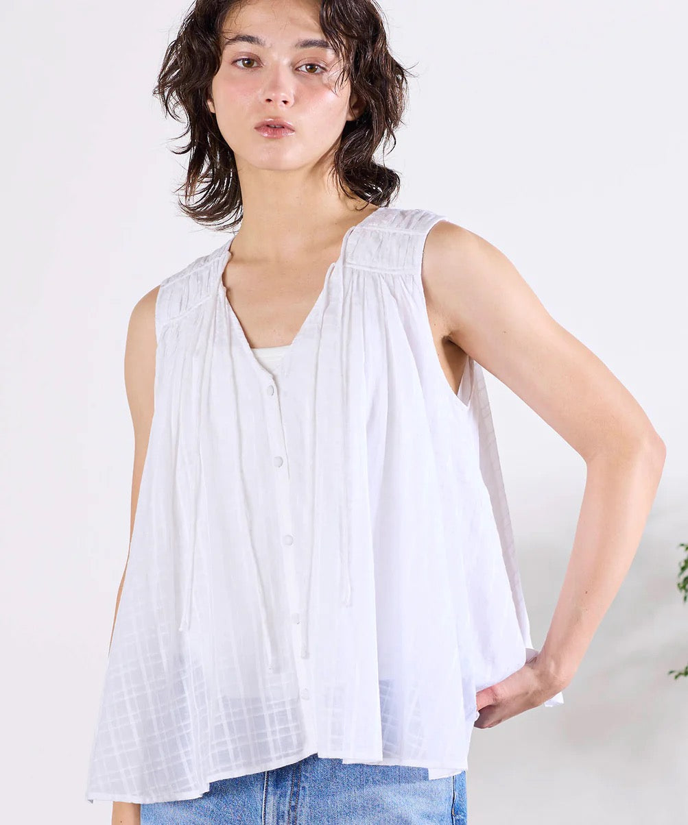sheer check 2way gathered blouse