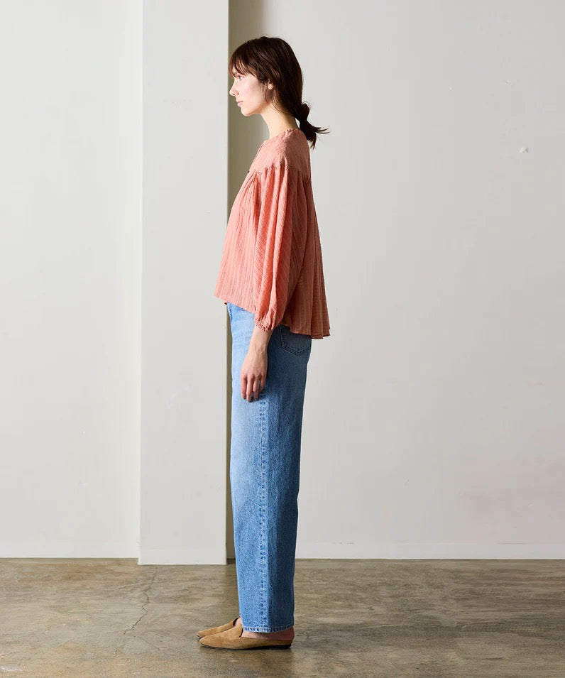 natural dye sheer cotton check gather blouse